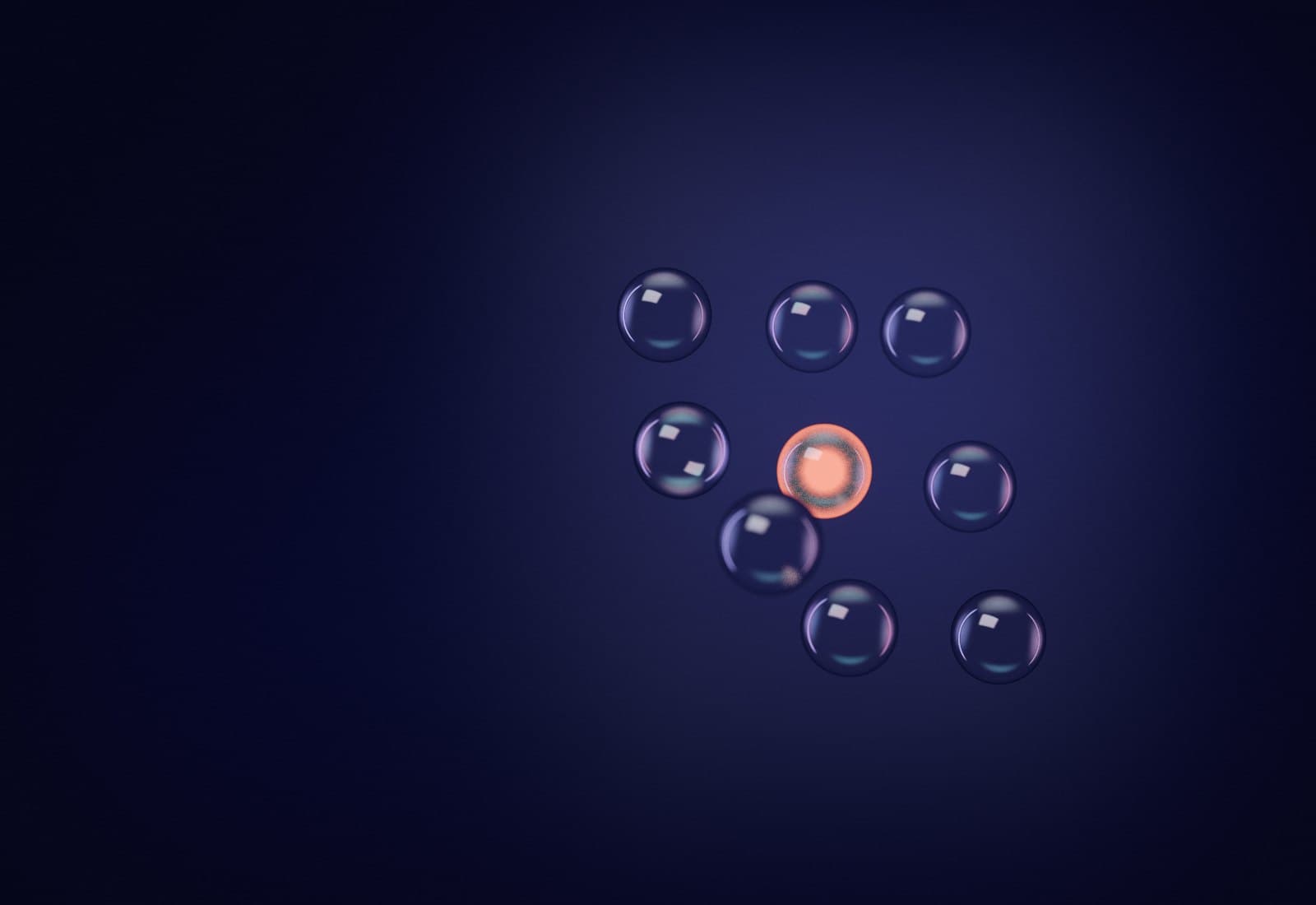 Nine glass beads on a loose three by three grid seen in perspective, with the center bead tinted ember.