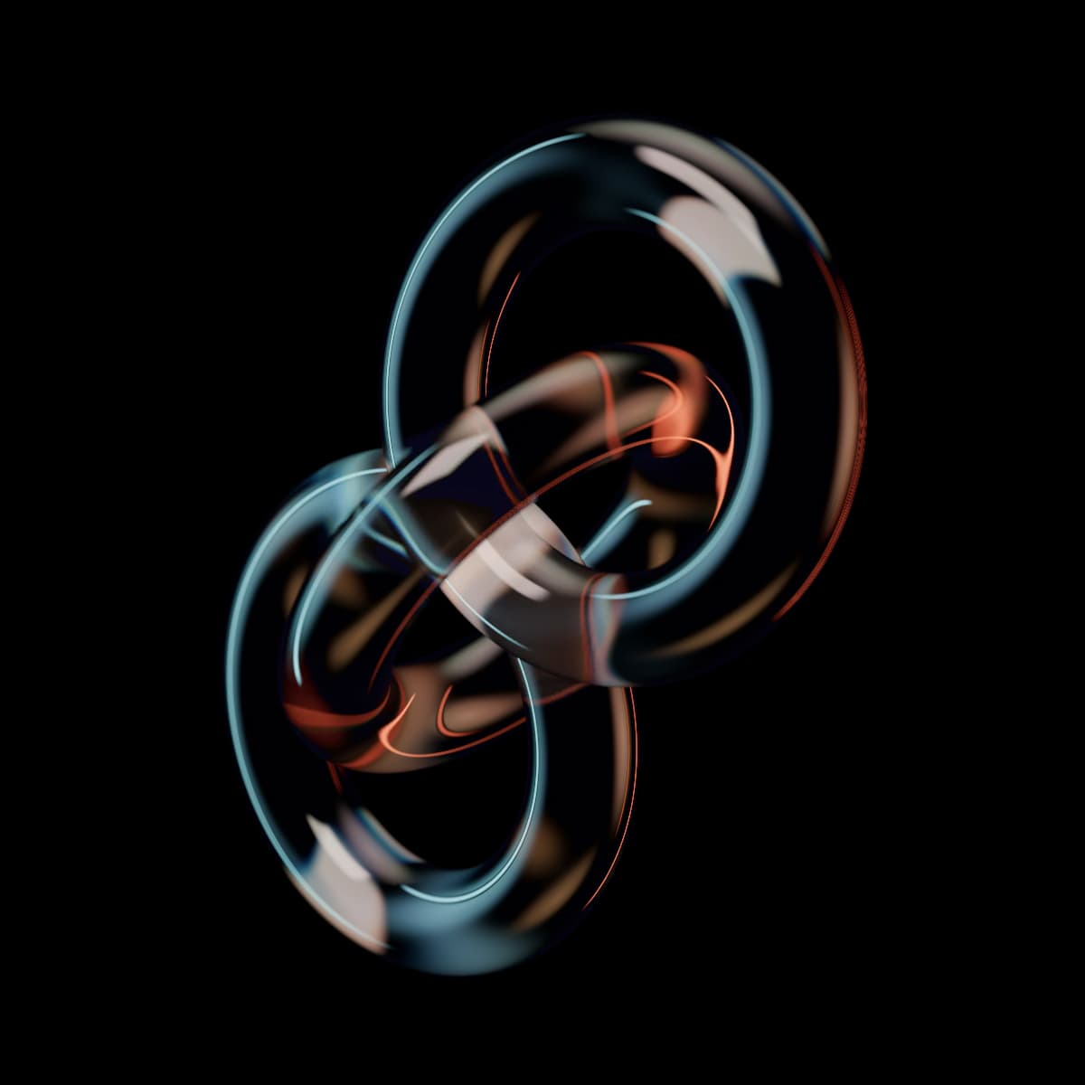 Three thick glass rings linked in a chain that recedes in depth, their rims lit in ember orange and cyan.