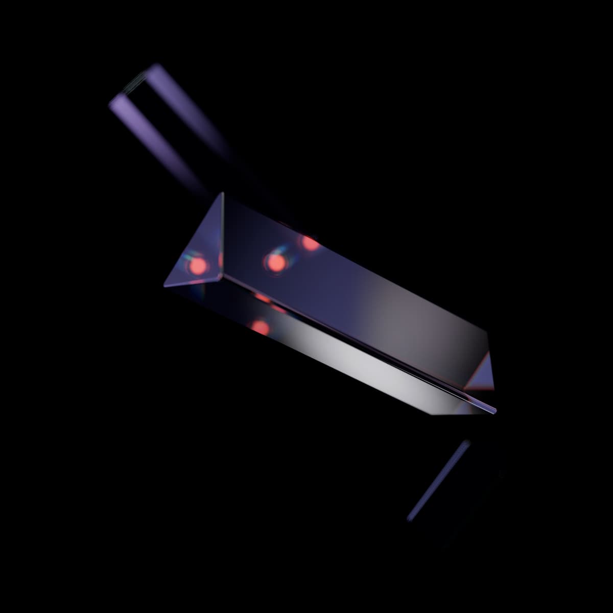 A clear triangular glass prism lying on a rising diagonal, an ember behind it showing through the glass as small warm points edged in color, with a blurred hexagonal glass rod above it and a small glass shard below.