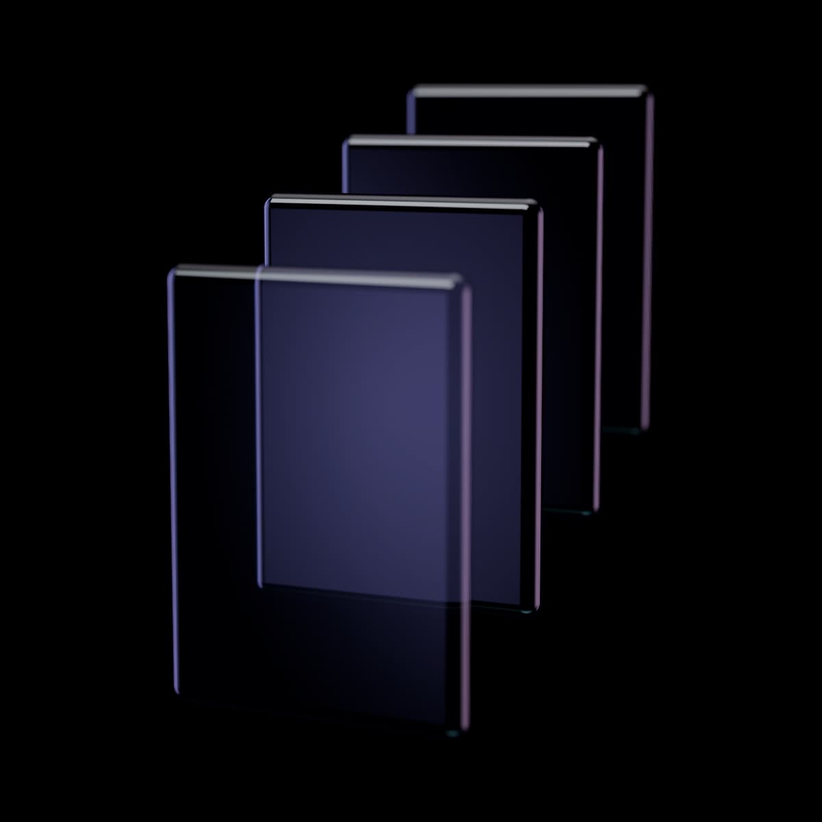 Four glass panes cascading back like layered windows, the front one clear and the others tinted, the second holding a soft violet glow.