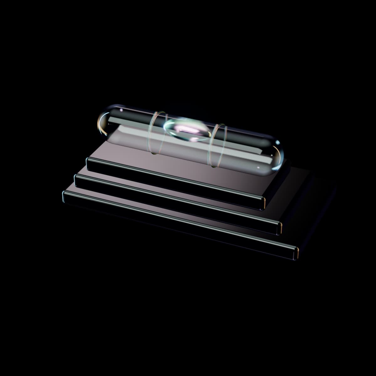 A spirit level resting on three stepped glass slabs seen from above: a thin clear glass vial lying across the top slab, its bright iridescent bubble settled exactly between two fine rings.