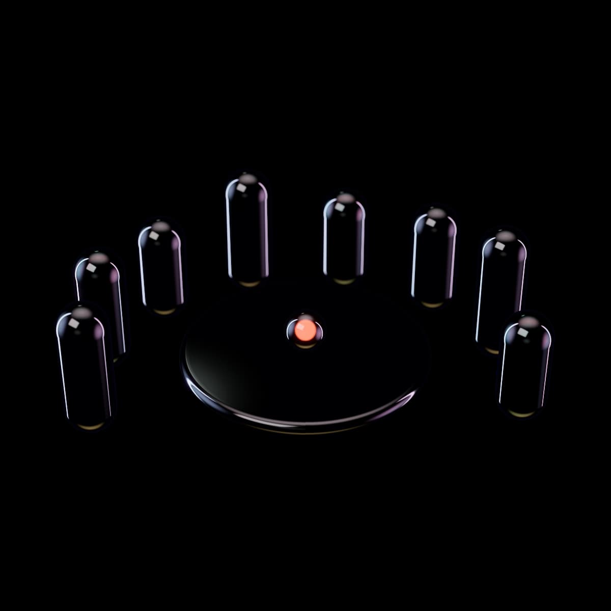 Eight upright glass capsules of slightly different heights standing in an open circle around a clear glass disc, with a glowing orange bead at the middle of the disc, like a team gathered around one table.