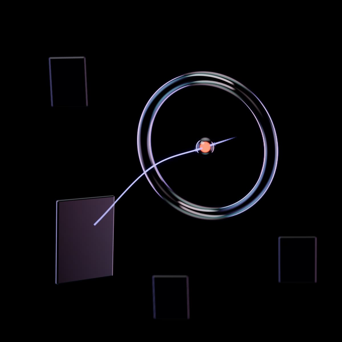 An iridescent glass ring with a lit violet thread running into it from a small iridescent glass page in front, through a glowing orange bead at its center and on across the opening until it fades, while three more glass pages float farther back, out of focus.
