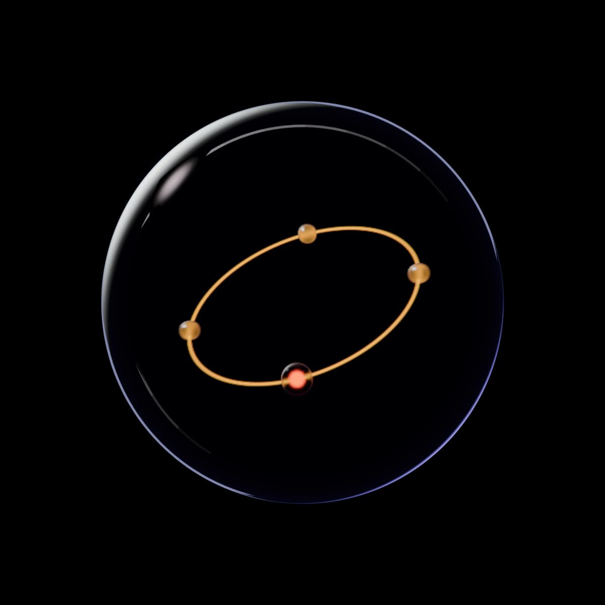 A large clear glass globe, its rim brightest at the upper left and fading to a faint violet line at the lower right, holding a small tilted ring of amber thread with three small amber beads and a glowing orange bead on it.