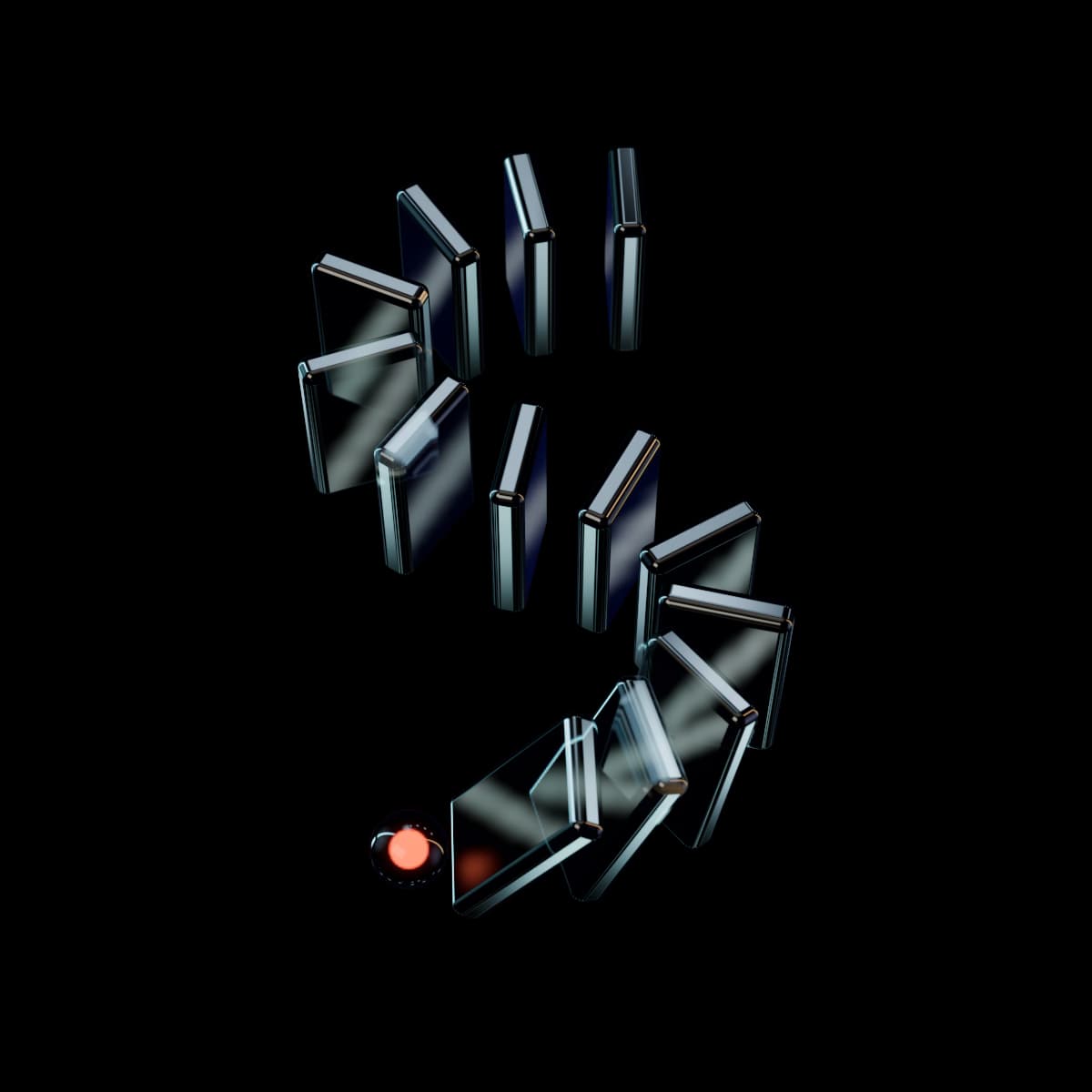 Clear glass dominoes standing in an S-shaped line seen from above, the first four tipped over onto one another along the bottom and ending beside a glowing orange bead at the lower left.