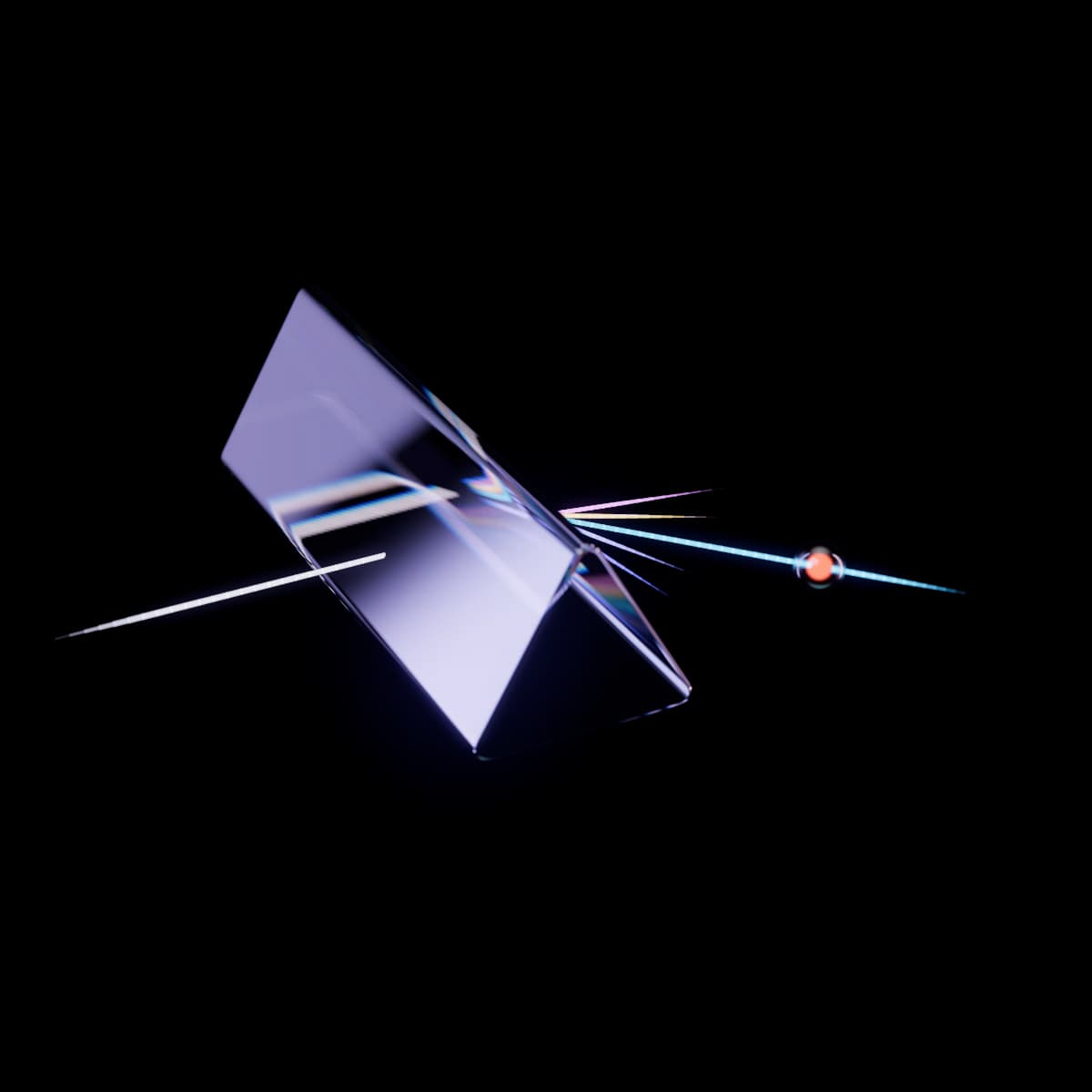 A long triangular glass bar lying on its side, seen from above, with a pale beam of light crossing it and leaving as five colored rays, four fading out after a short way and the blue one running on past a glowing orange bead until it fades too.