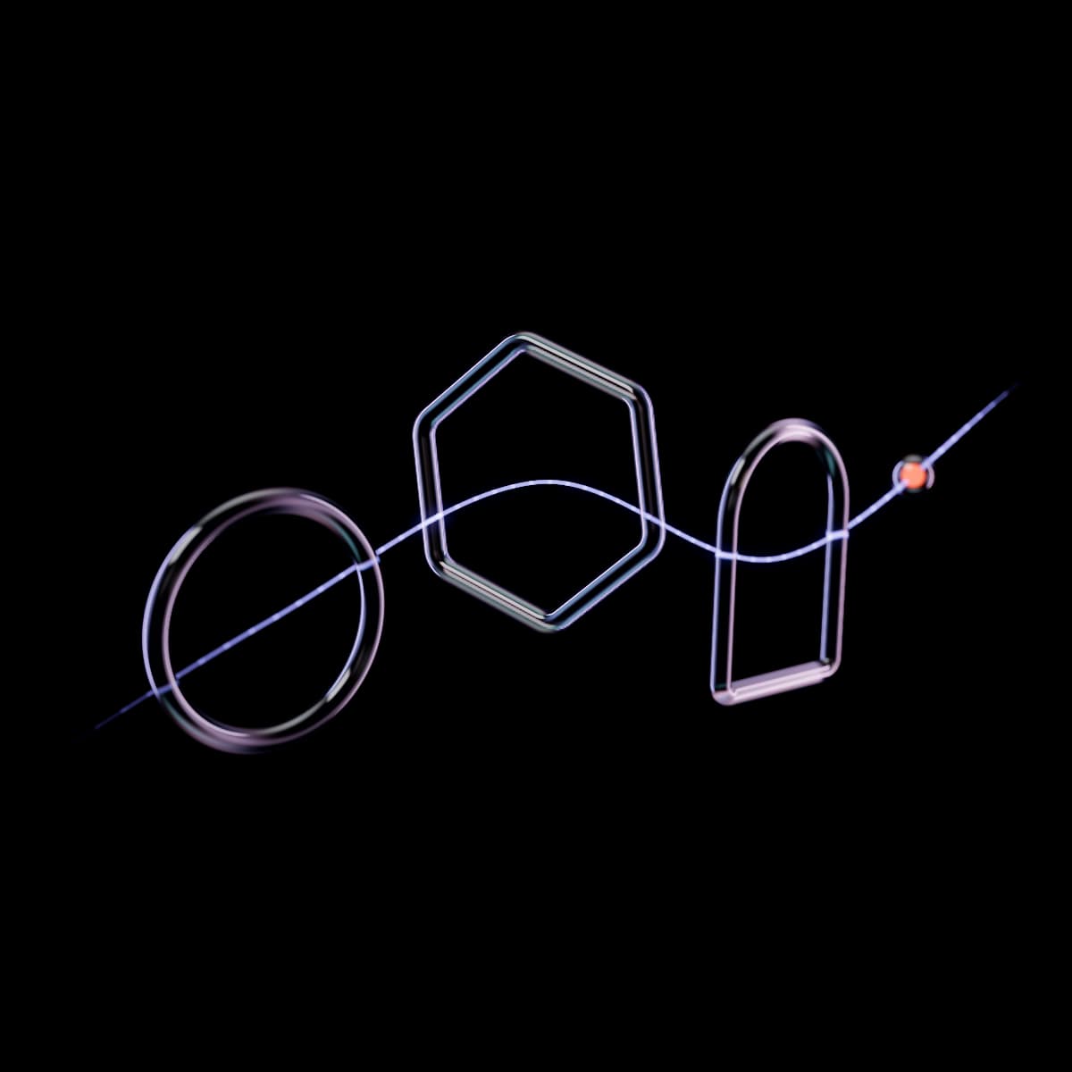 Three glass openings of different shapes, a ring, a hexagon and an arch, standing at different depths and angles, with one lit violet thread passing through the middle of each in turn and carrying a glowing orange bead out past the last before it fades away.