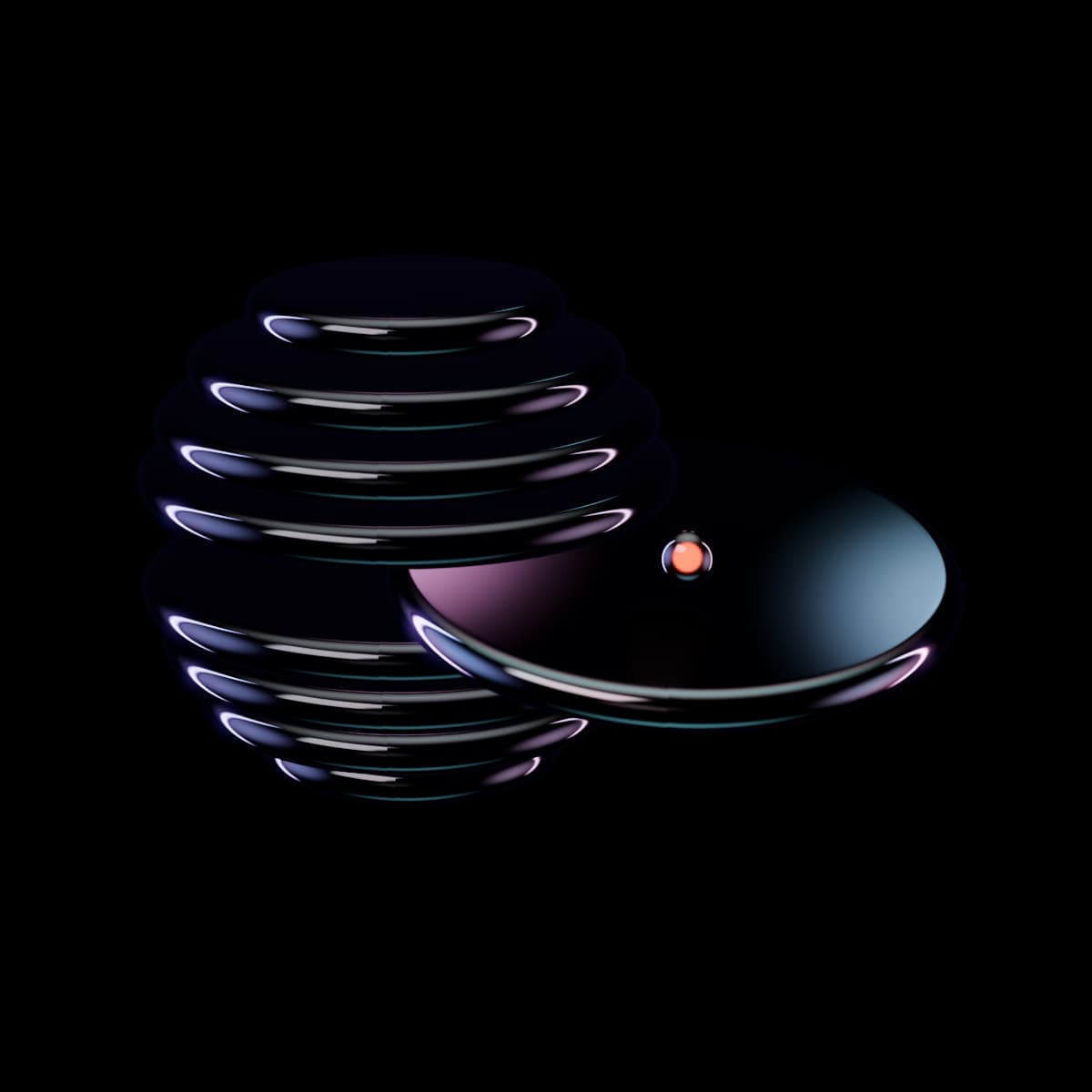 A glass sphere cut into nine thick horizontal slices, with the middle slice slid halfway out toward the viewer in iridescent glass and a glowing orange bead resting on its exposed top.