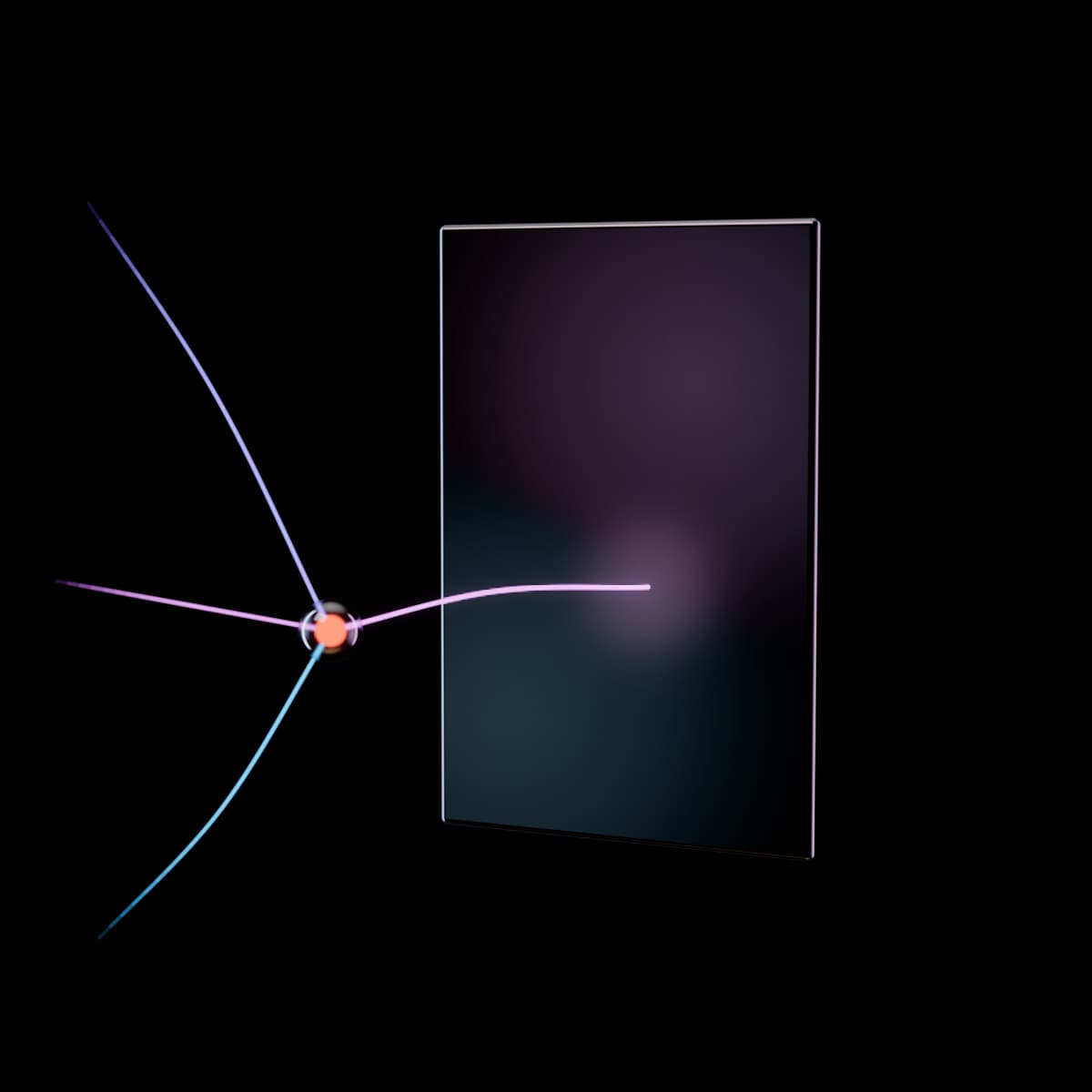 One tall glass pane with a faint pink and blue sheen, turned slightly to the left, and three fine lit threads arriving from different directions to meet at a glowing orange bead in front of it, from which a single pink thread runs on to a soft glow on the pane's face.