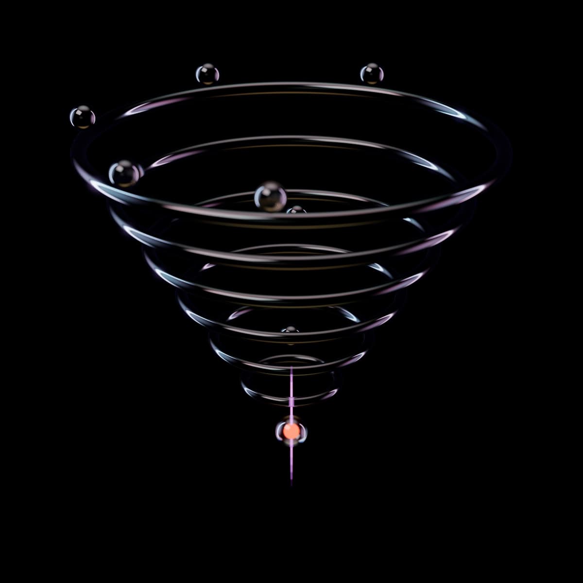 Six glass rings stacked into a narrowing funnel, clear beads waiting on the wide top ring and two on their way down, and one glowing orange bead coming out below the narrowest ring on a short lit pink thread.
