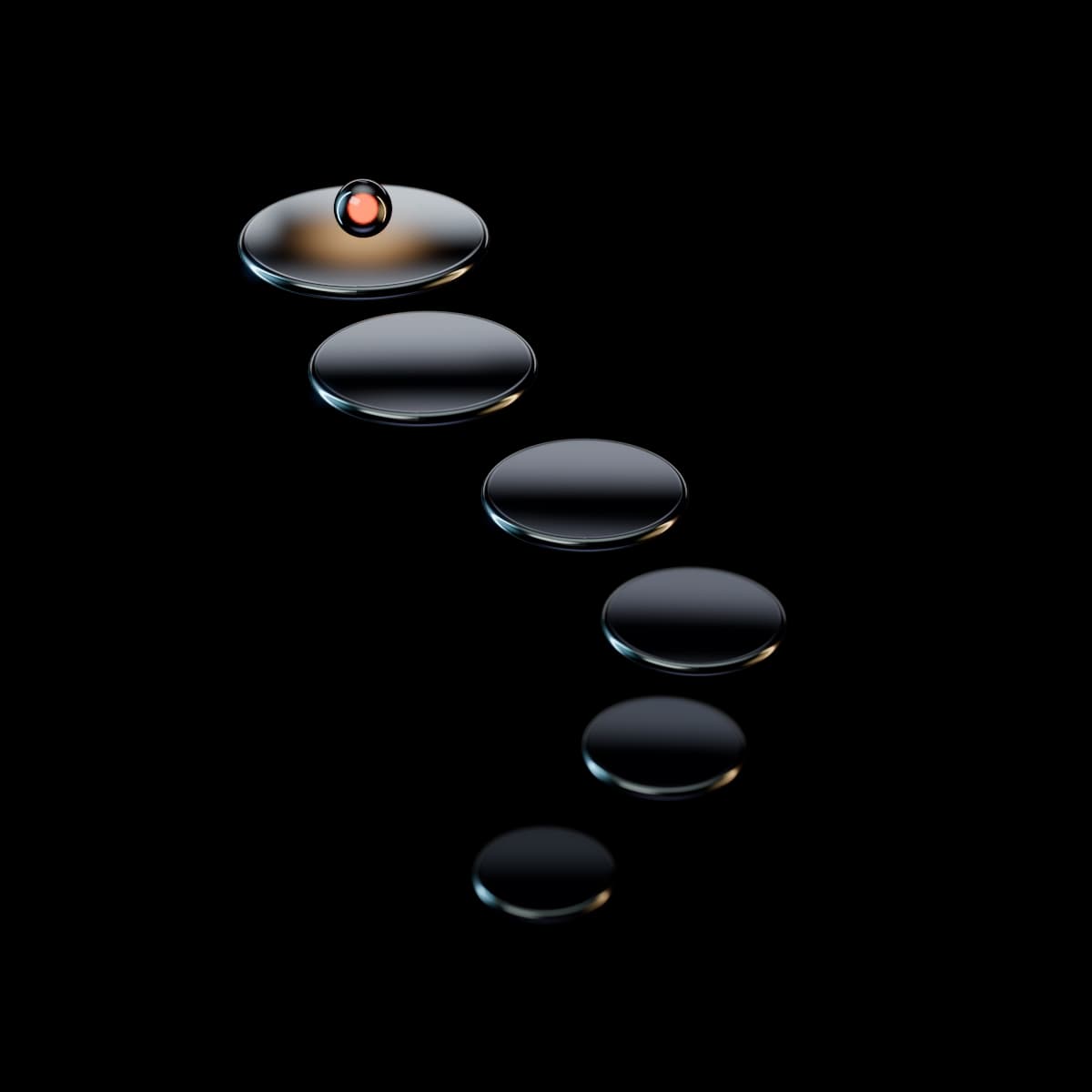 Six thin glass discs climbing in a gentle curve, each an even step higher, wider and brighter than the one below, with a glowing orange bead on the top disc.