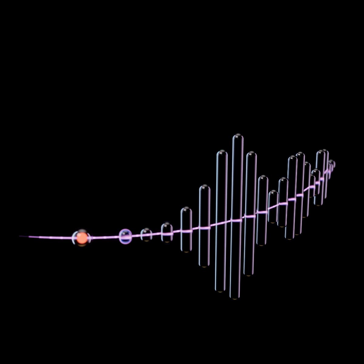 A row of slim upright glass capsules whose heights rise and fall in three bursts like a spoken phrase, standing along one fine lit pink line that fades in at the near end, carries a glowing orange bead just before the first capsule and curves away into the distance.