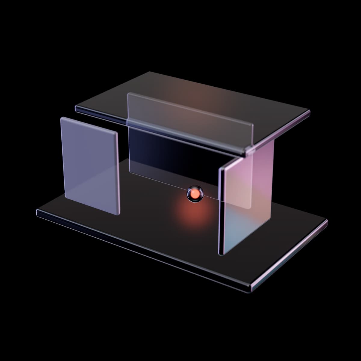 A small glass pavilion like an architect's model, with a clear base slab, three wall panes at right angles (one frosted, one iridescent and one clear), a thin clear roof floating just above them and a glowing orange bead resting inside.