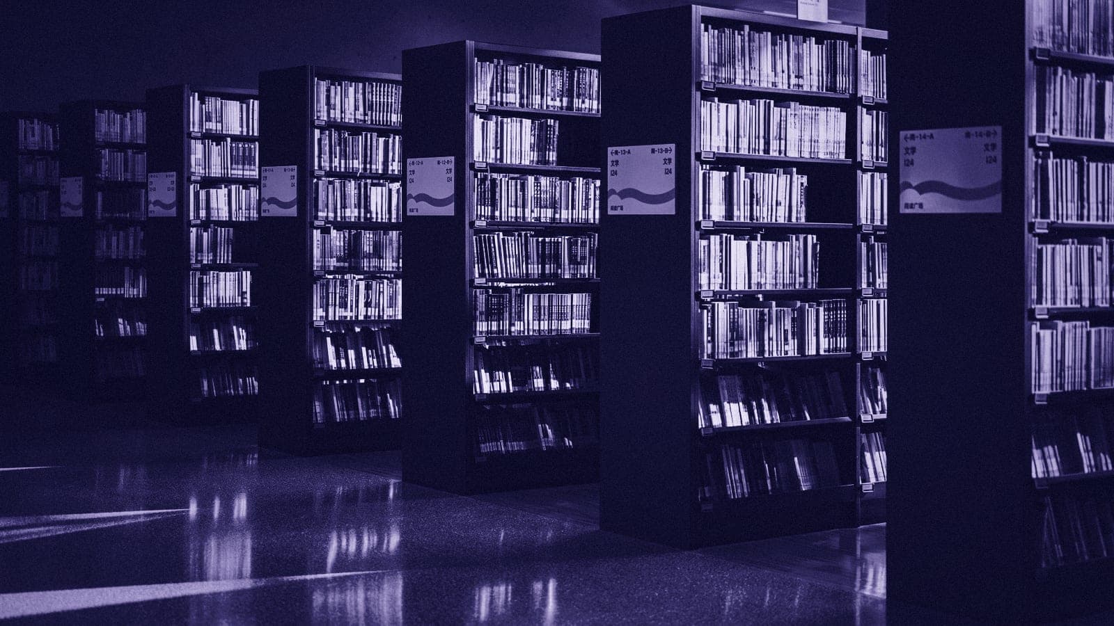 Freestanding library bookshelves in a receding row on a polished floor, light catching the ends of the shelves.