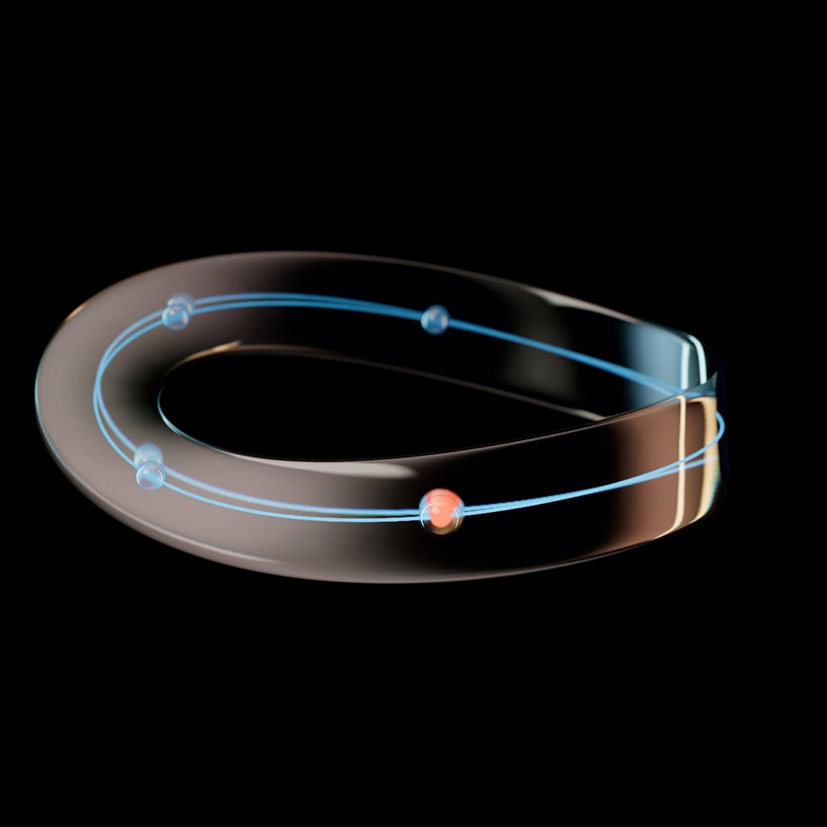 A clear glass band closed into a loop with a single half twist, a lit blue thread running inside it, with three clear beads and a glowing orange bead threaded on it.