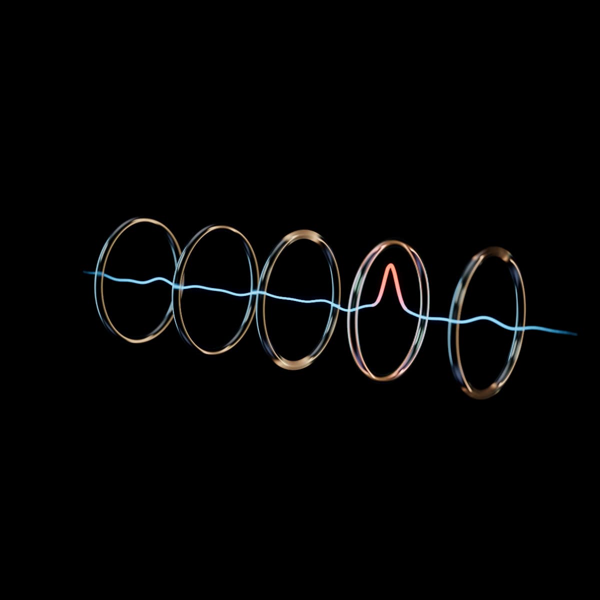 A fine lit blue line running level through five identical glass rings set in a row and jumping in one sharp spike inside the fourth, iridescent ring, where the line glows orange.