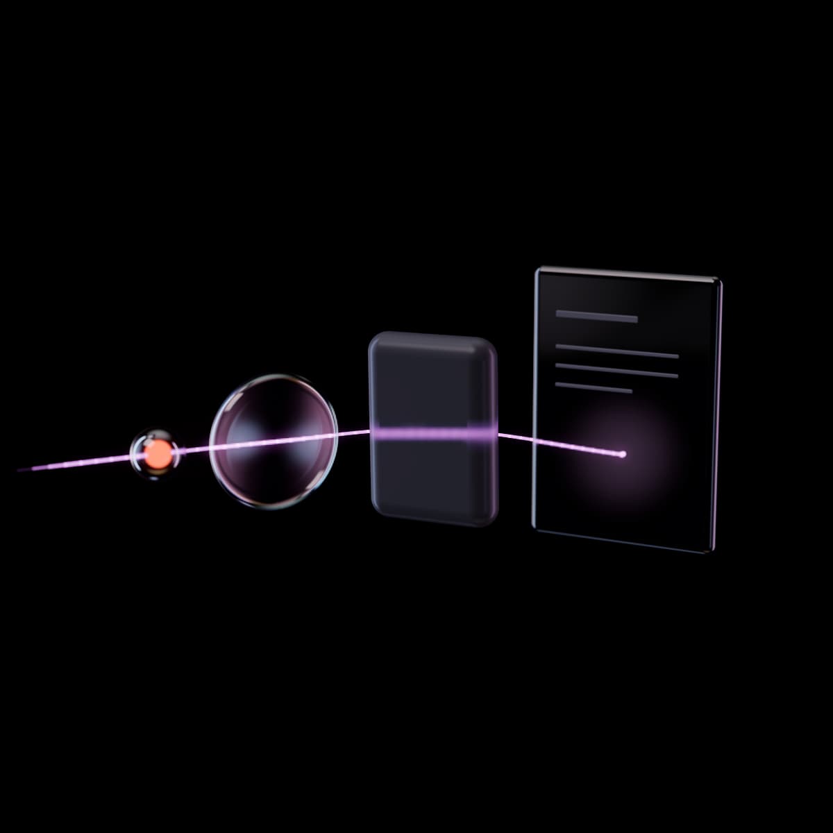 A lit pink thread that fades in at the left, carries a glowing orange bead and runs on through an iridescent disc and a dim frosted block to a clear glass page with faint lines of type, where it ends in a soft glow.