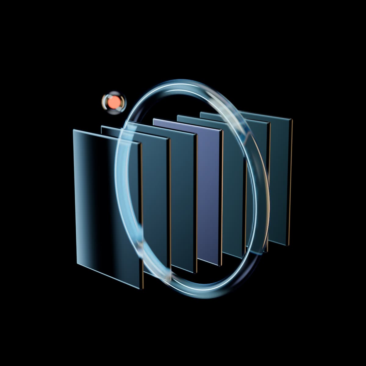 A row of thin glass pages standing one behind another and passing through a large glass ring lit along its inner edge. The pages behind the ring are frosted, the one inside it is iridescent and the ones in front are clear, with a glowing orange bead lifted above the nearest page.