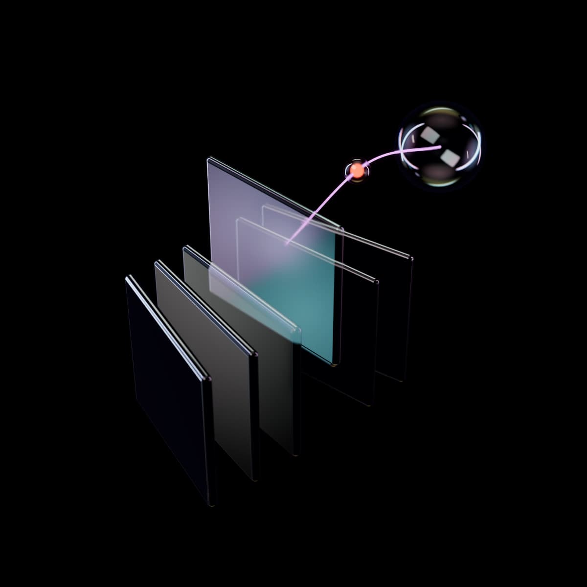 Six glass sheets standing on edge like files in a drawer, fanned slightly and seen from above, with one iridescent sheet lifted halfway out and a lit pink thread rising from a soft glow on its face, past a glowing orange bead, to an iridescent sphere above.