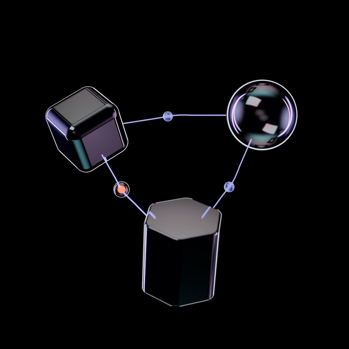 A clear rounded glass cube, an iridescent sphere and a clear hexagonal glass prism joined in a triangle by lit violet threads, with a small clear bead traveling on two threads and a glowing orange bead on the third.